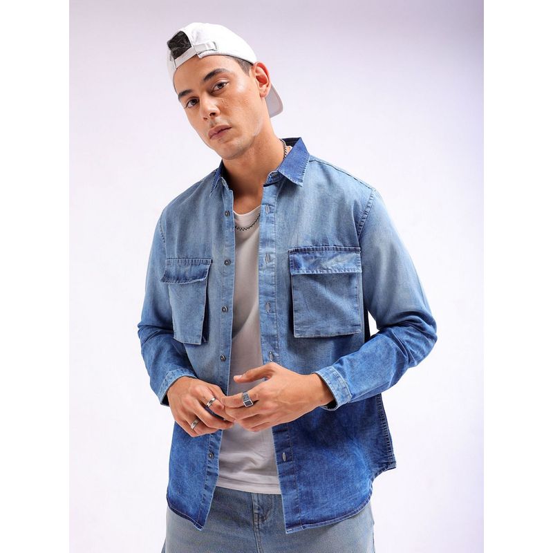 The Indian Garage Co Men's Regular Fit Solid Double Flap Pocket Street Wear Denim Shirt (L)