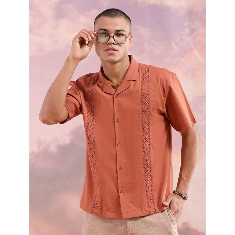 The Indian Garage Co Men's Relaxed Fit Solid Embroidered Half Sleeves Shirt (L)