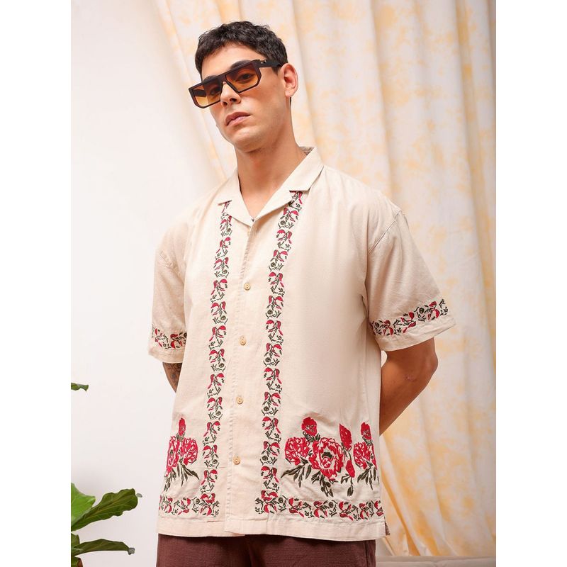The Indian Garage Co Men's Relaxed Fit Placement Embroidered Half Sleeves Shirt (M)