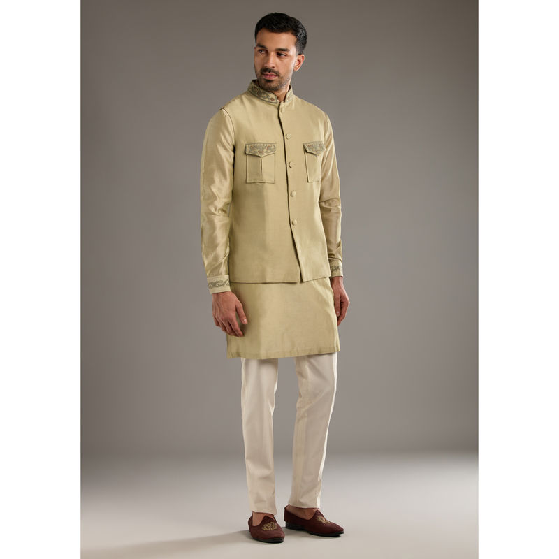 KALKI FASHION Green Chanderi Linen Kurta with Pant & Jacket (2XL)
