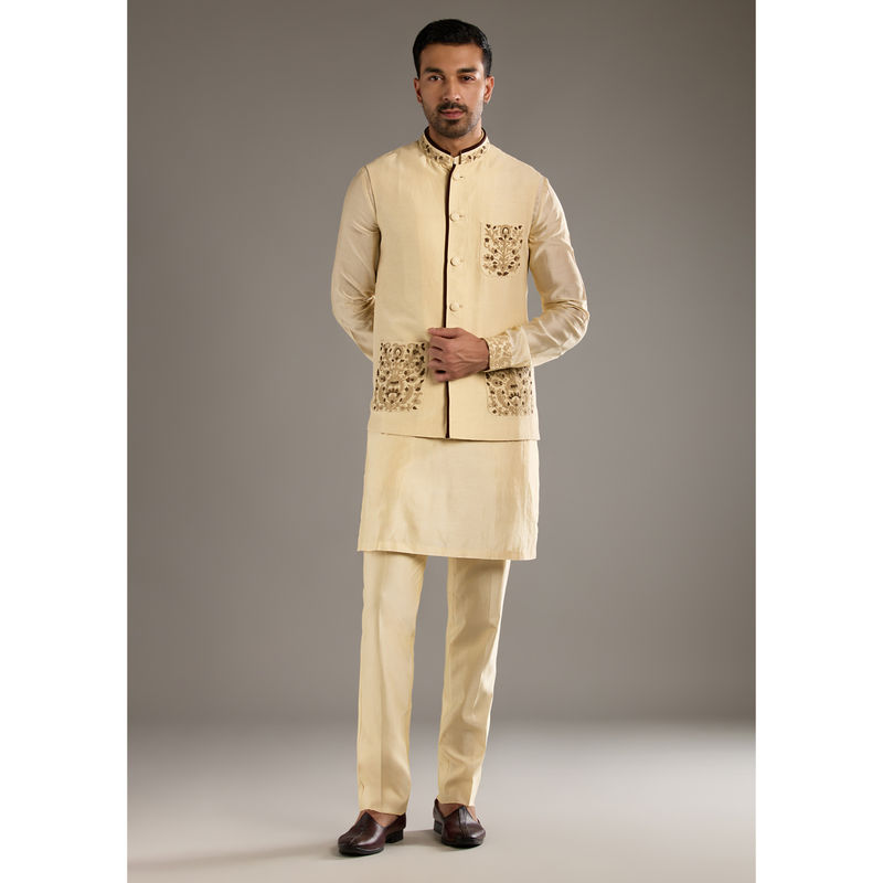 KALKI FASHION Gold Chanderi Linen Kurta with Pant & Jacket (M)