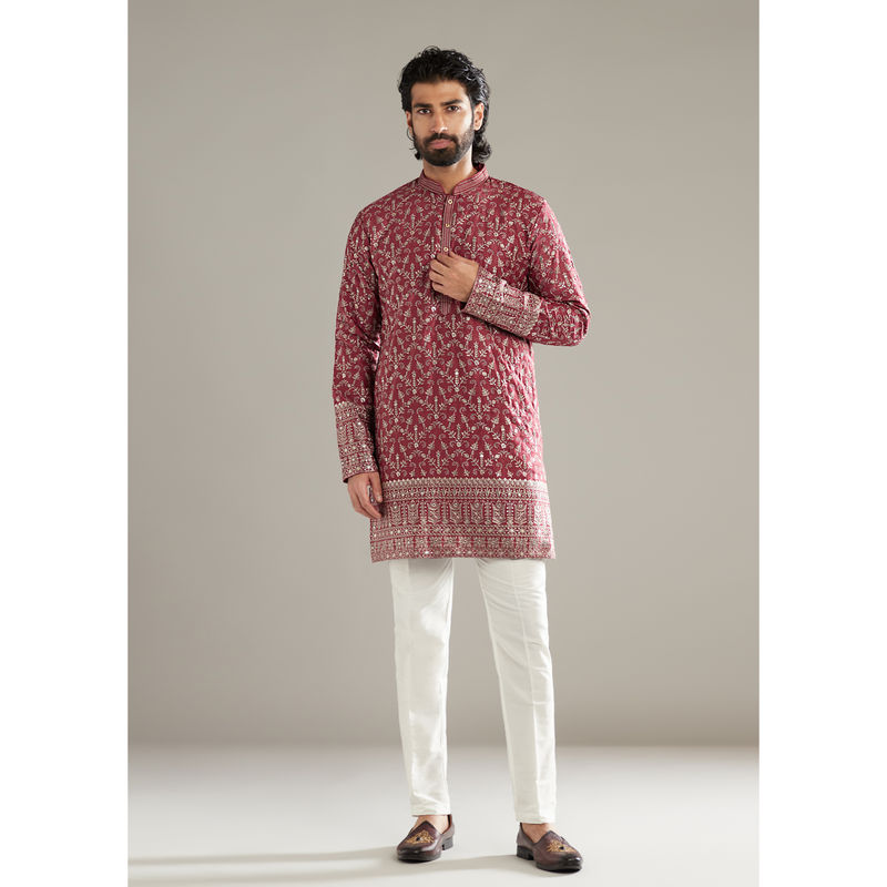 KALKI FASHION Maroon Silk Kurta with Pant (M)