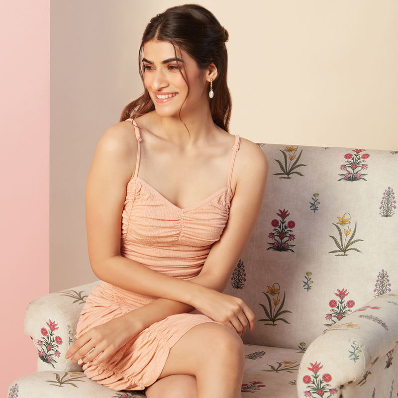 Twenty Dresses by Nykaa Fashion Peach Solid Sweetheart Neck Ruched Short Dress (XS)