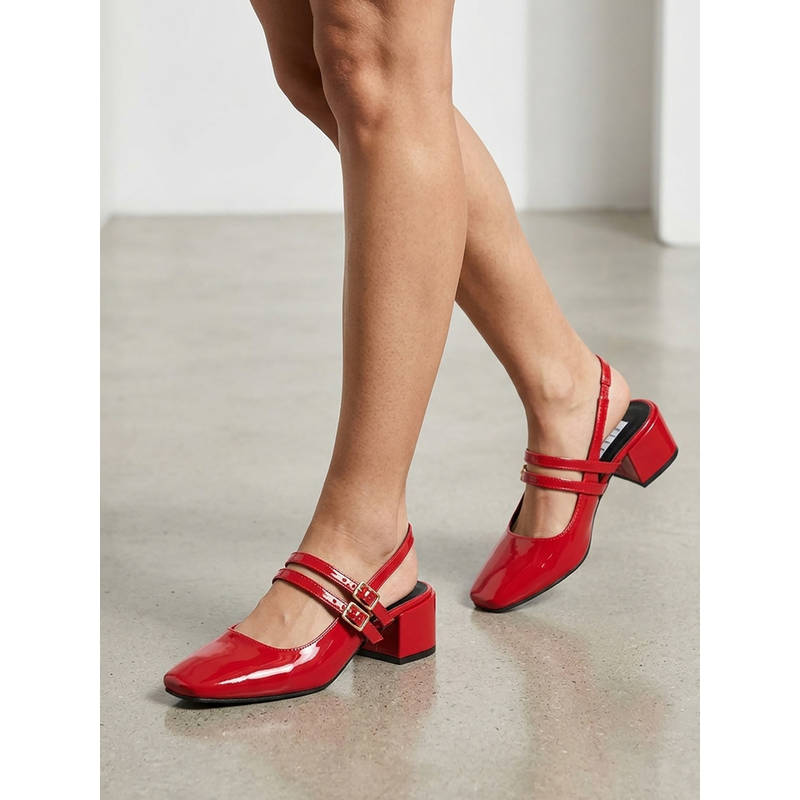 ELLE Women'S Square Toe Block Sandal Heels-Red (EU 36)