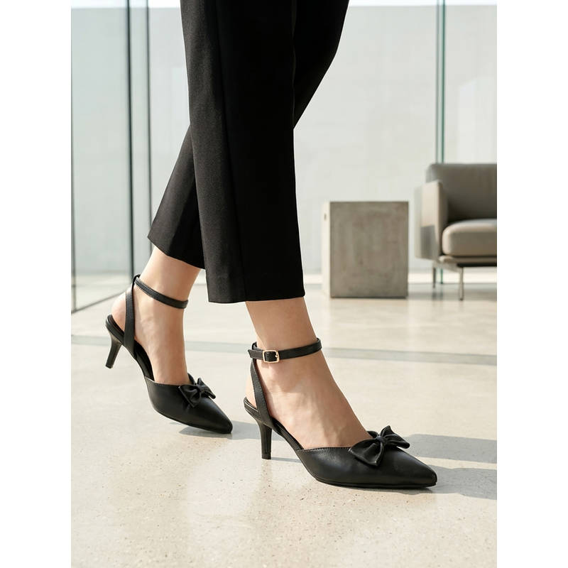 ELLE Women'S Pointed Toe Kitten Sandal Heels with Bow Detail-Black (EU 36)