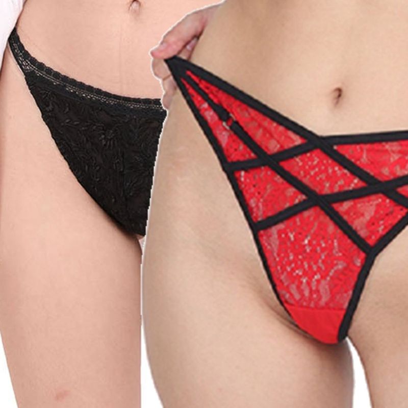 Curwish Lacy Wonders Lace Thnog Panty - Multi-Color (Pack of 2) (S)