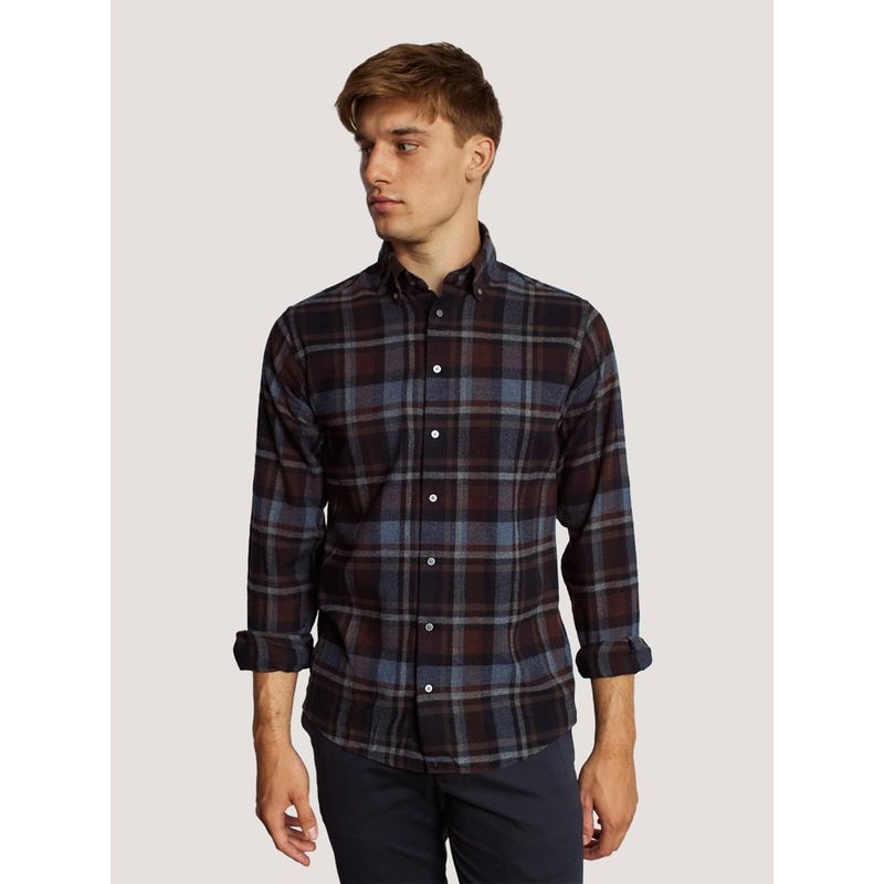 Bruun & Stengade Men Blue Checks Button Down Collar Full Sleeves Shirt (42)