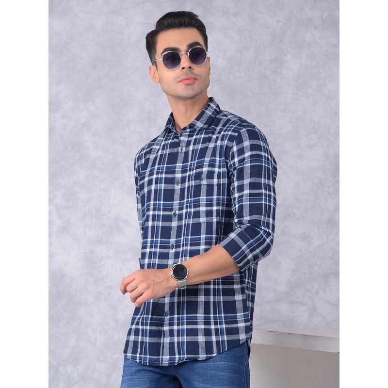 CRIMSOUNE CLUB Mens Navy Blue Checks Cotton Shirt (S)