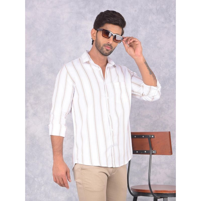 CRIMSOUNE CLUB Mens White Vertical Stripes Cotton Shirt (S)