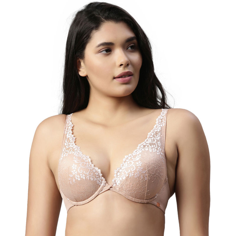 Enamor F043 Padded Wired Medium Coverage Perfect Plunge Push-Up Bra - Beige (34D)