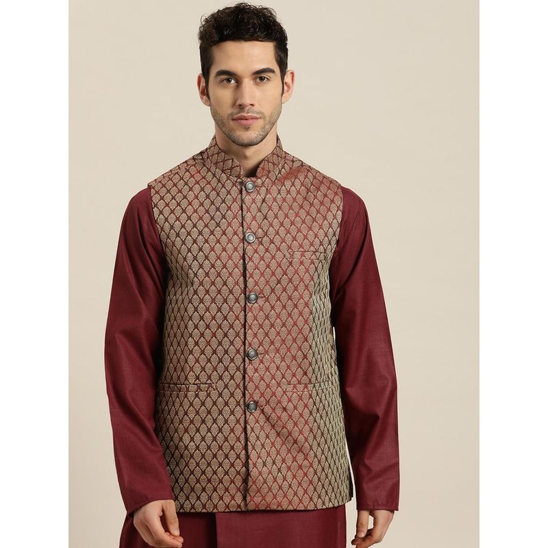 SOJANYA Jacquard Silk Maroon Self Design Only Nehru Jacket (S)