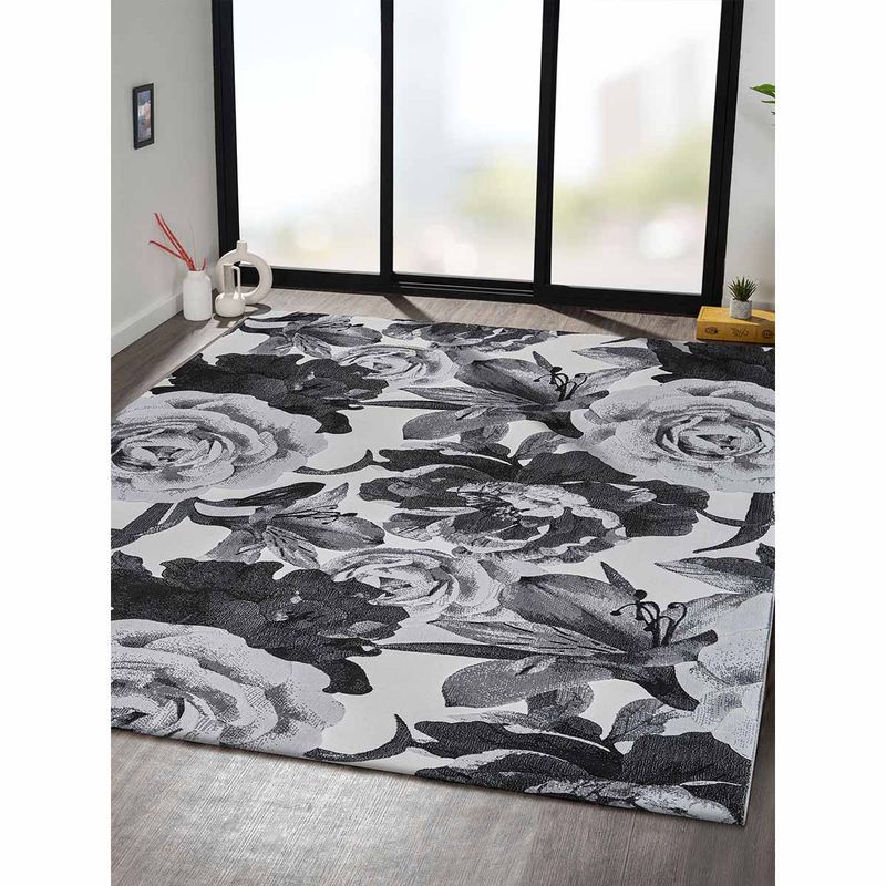 OBSESSIONS Grey Polypropylene Floral Rectangle Carpet (4X6 Feet)