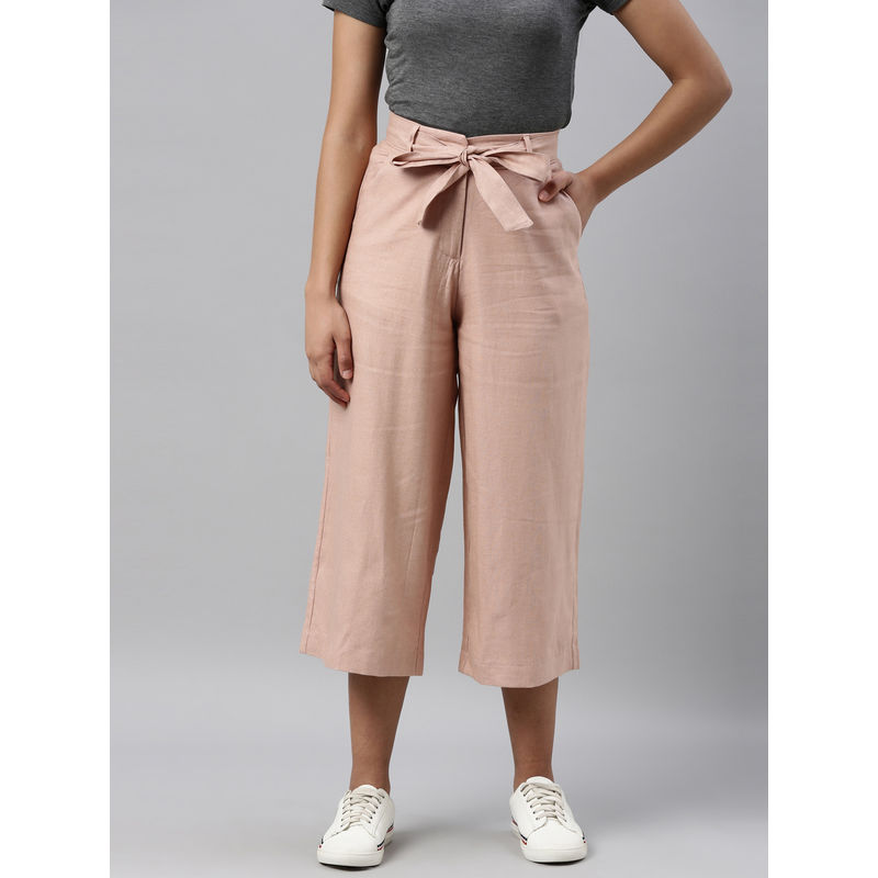 Go Colors Women Baby Solid Linen Mid Rise Culottes - Pink (M)