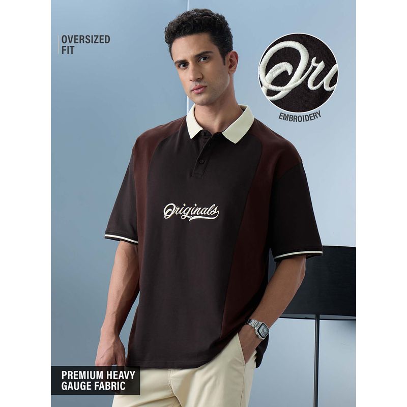 The Souled Store Brown Colorblock Oversized Fit Polo T-Shirt (S)