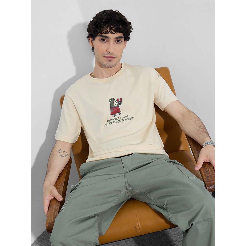 The Souled Store Off White Printed Relaxed Fit T-Shirt (L)