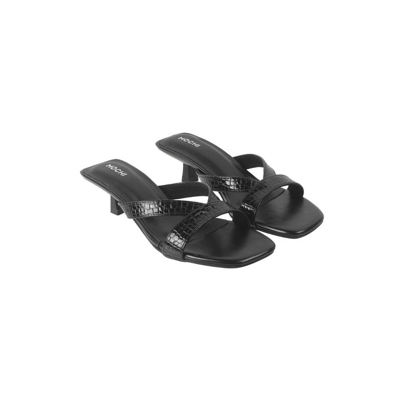 Mochi Women Black Open Casual Slides Kitten Heels (EURO 39)