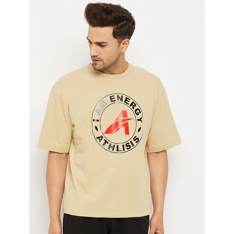 Athlisis Beige Men Typography Printed Pure Cotton Loose Oversized T-Shirt (L)