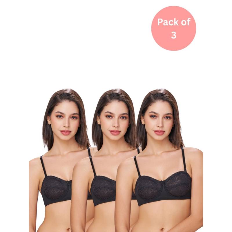 bodyline Black Lace Non Padded Bra (Pack of 3) (32B)