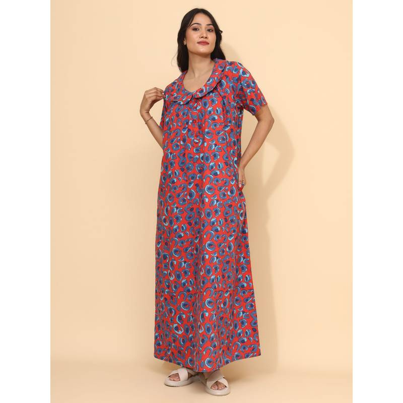 YELLOW BLOOM Red Cotton Nightdress (M)