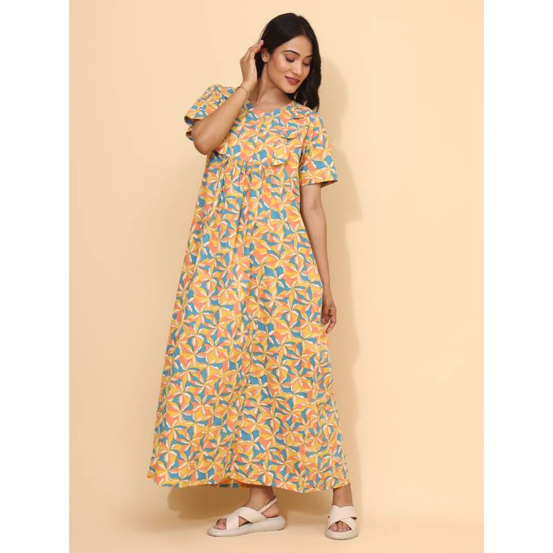YELLOW BLOOM Yellow Cotton Nightdress (XL)
