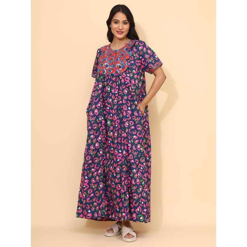 YELLOW BLOOM Navy Blue Cotton Nightdress (M)