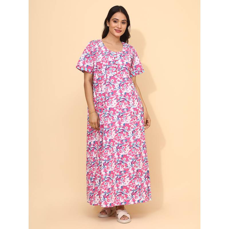 YELLOW BLOOM Pink Cotton Nightdress (M)