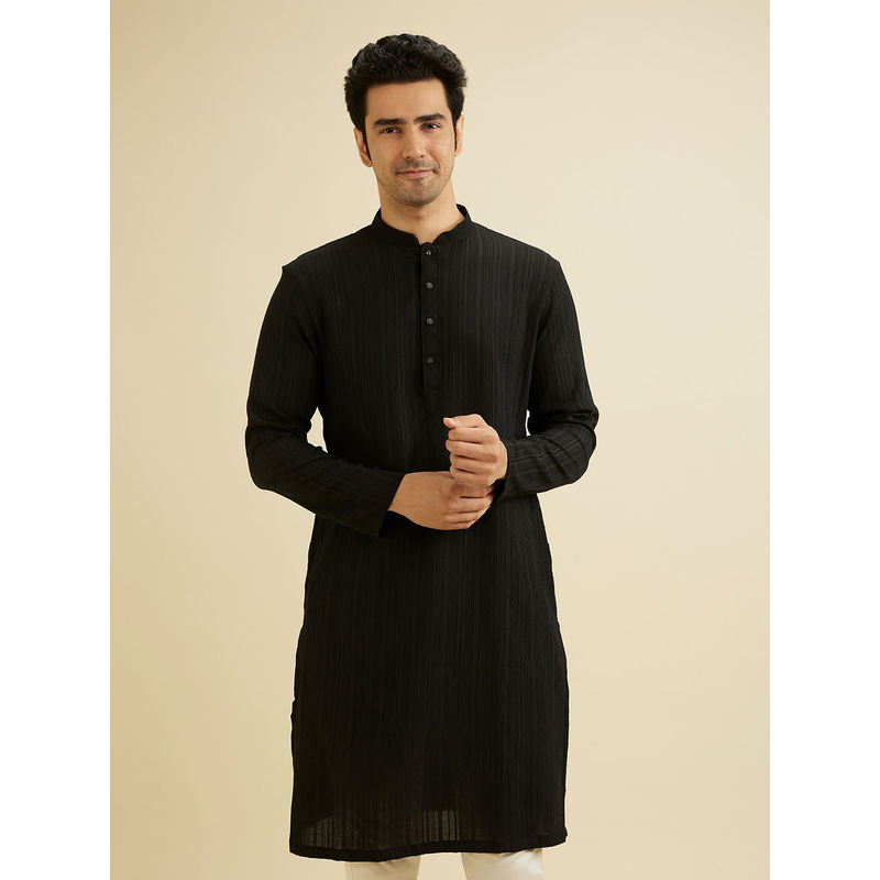 Manyavar Black Spandex Self Design Kurta for Men (3XL)