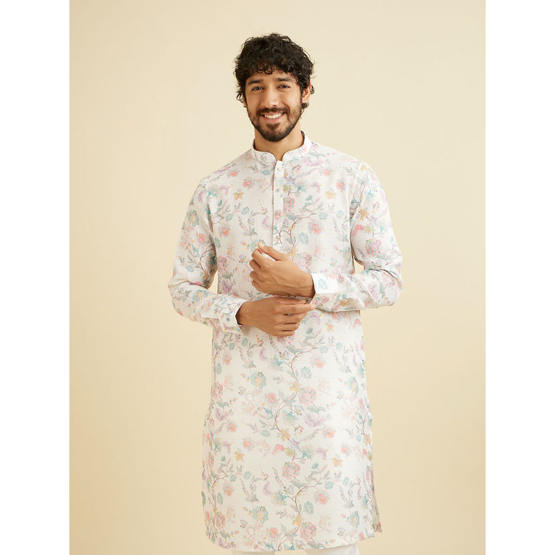 Manyavar White Blended Cotton Floral Printed Kurta for Men (XL)