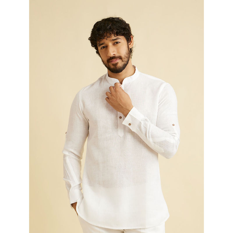 Manyavar White Linen Solid Short Kurta for Men (L)