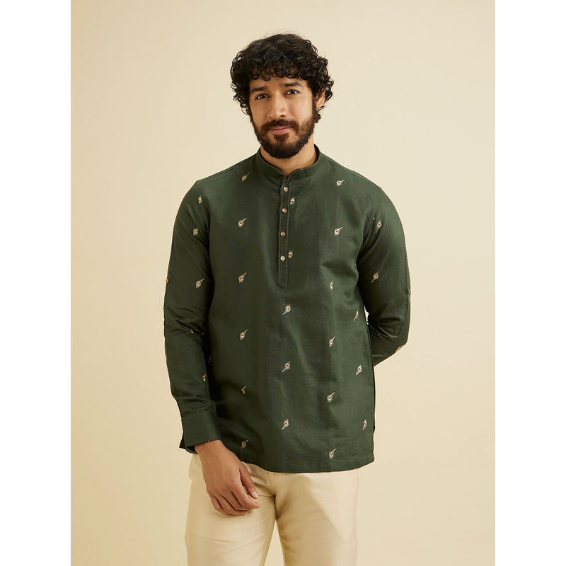 Manyavar Green Linen Blend Thread Work Embroidery Short Kurta for Men (XL)