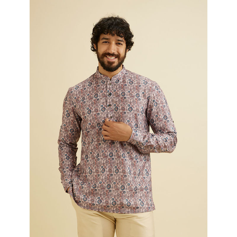 Manyavar Peach Cotton Blend Digital Printed Short Kurta for Men (XL)
