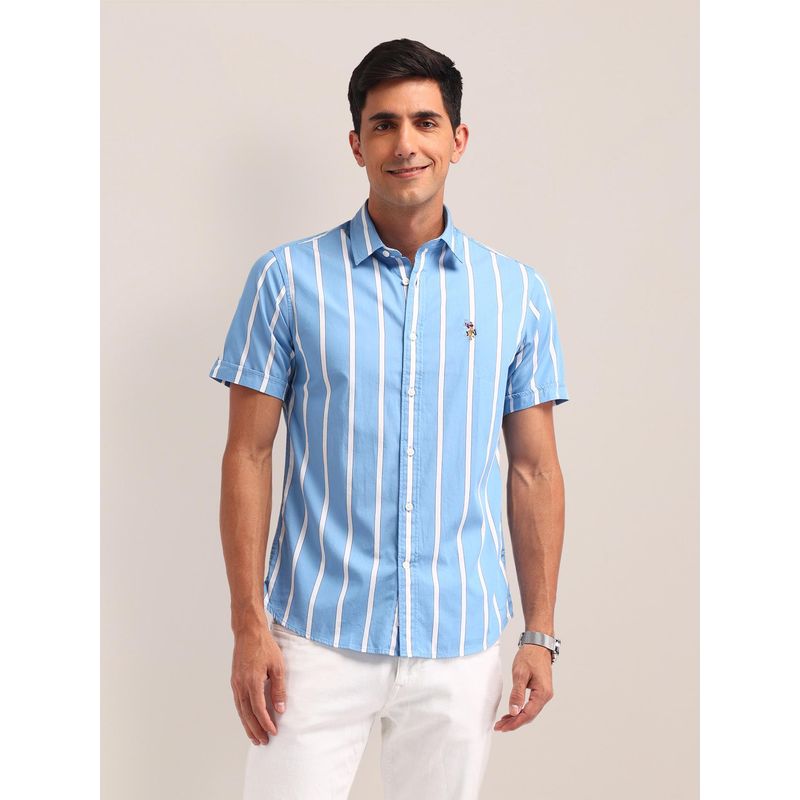 U.S. POLO ASSN. Stripes Blue Half Sleeves Collar Neck Shirt (S)