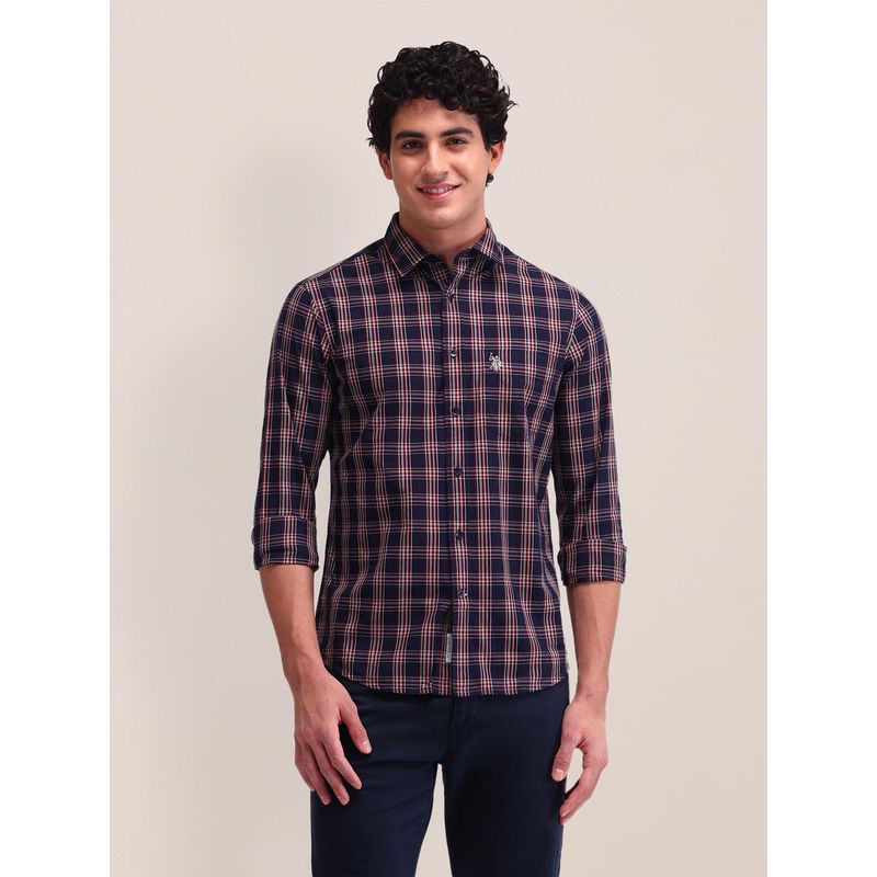 U.S. POLO ASSN. Checks Navy Blue Full Sleeves Collar Neck Shirt (M)