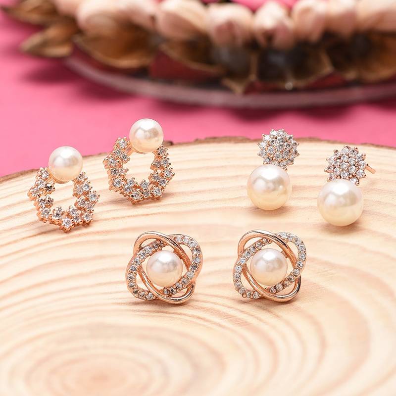 Zaveri Pearls Combo Of 3 Cubic Zirconia & Pearls Contemporary Stud Earrings-zpfk10381