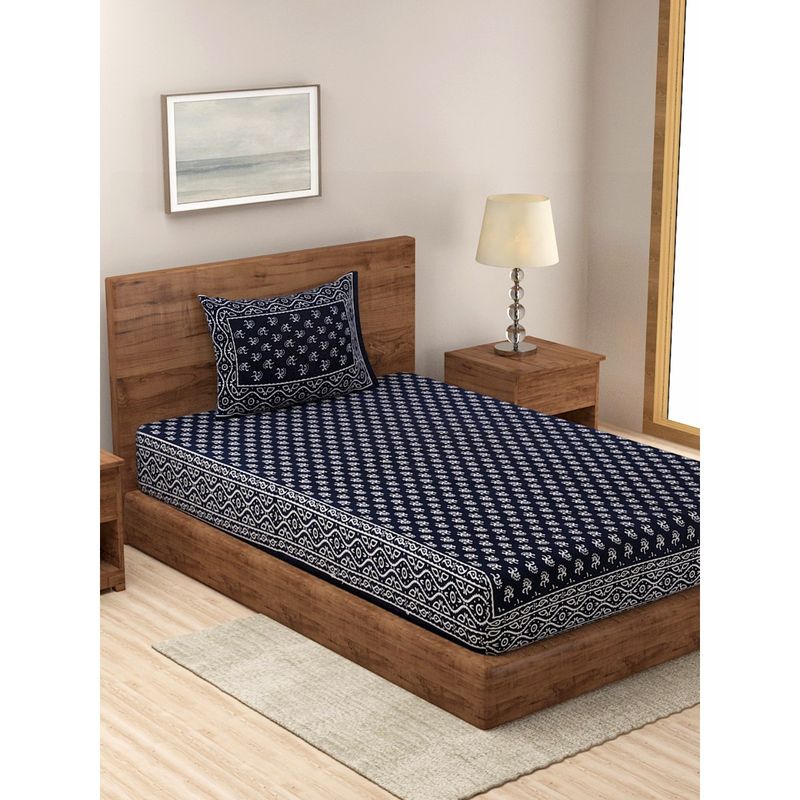 Black - Bagh Block Printed Cotton Single Bed Cover with Pillow Covers (94 x 64 in)