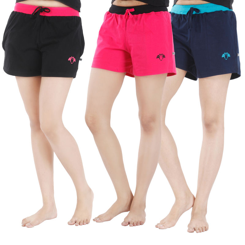 Nite Flite Women'S Cute Owl Cotton Sleep Shorts - Pack Of 3 Black,Navy & Pink (XL)