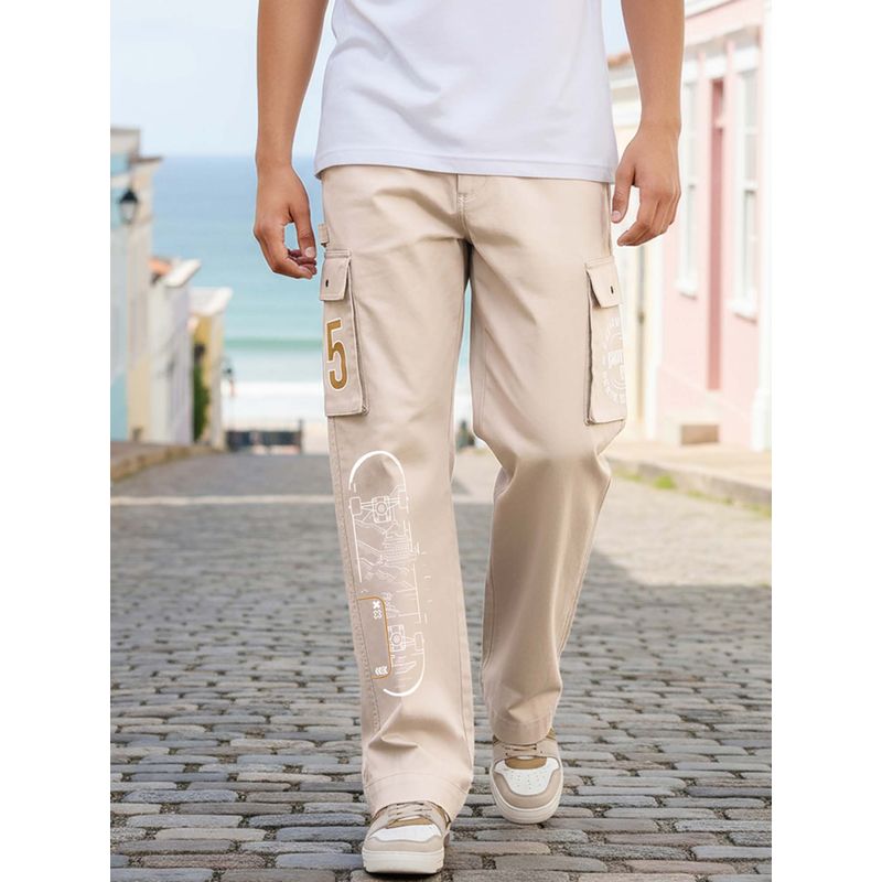 Bewakoof Men Light Beige Baggy Printed Straight Fit Cargo Pant (30)