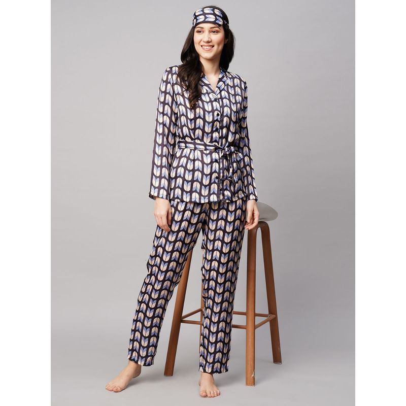 Drape In Vogue Womens Navy Black Leaf Print Satin Night Suit (XL)