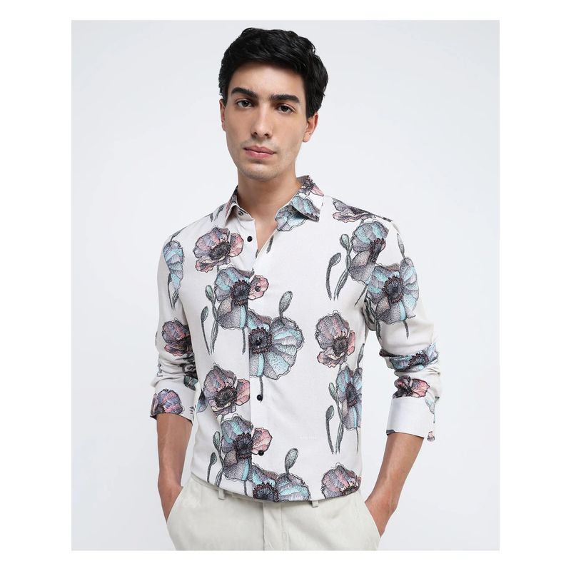 Rare Rabbit Men White Floral Casual Shirt (S)