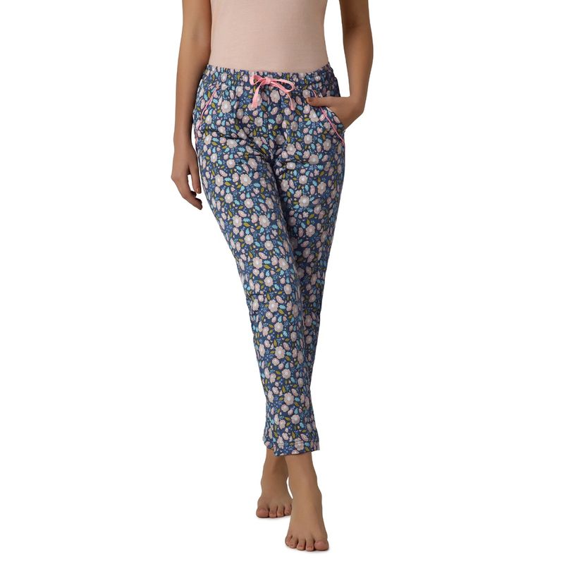 Amante Women Knit Cotton Floral Blue Pyjama (S)