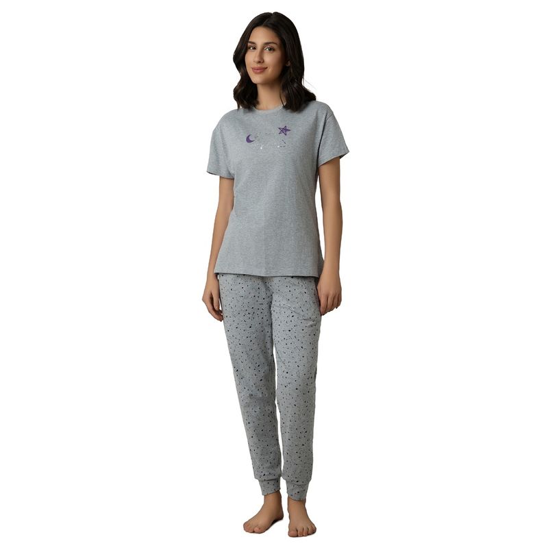 Amante Women Knit Cotton Printed Grey T-Shirt with Joggers (Set of 2) (S)