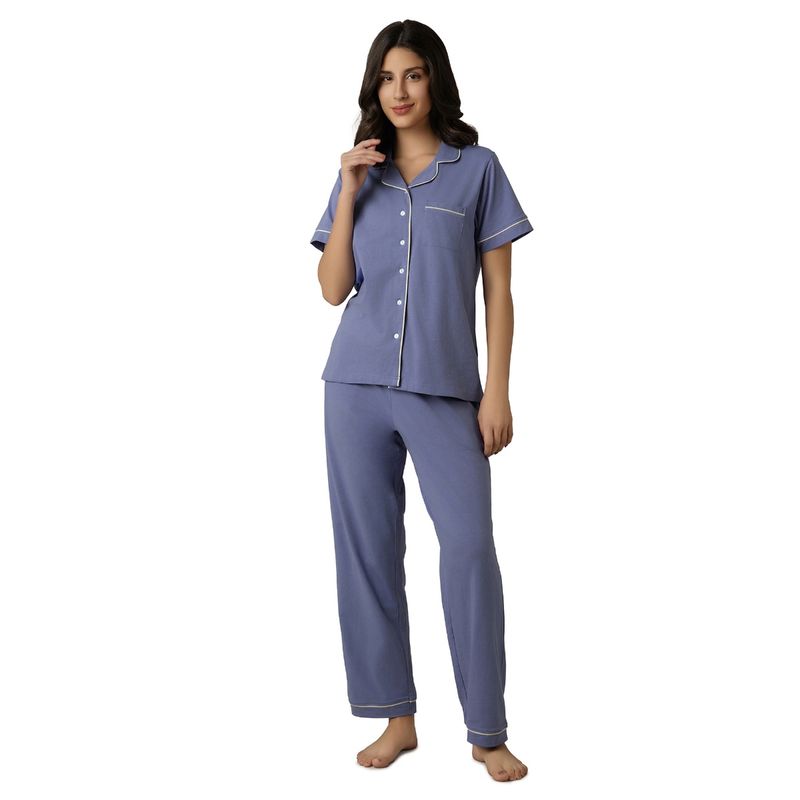 Amante Women Knit Cotton Solid Purple Shirt with Pyjama (Set of 2) (M)
