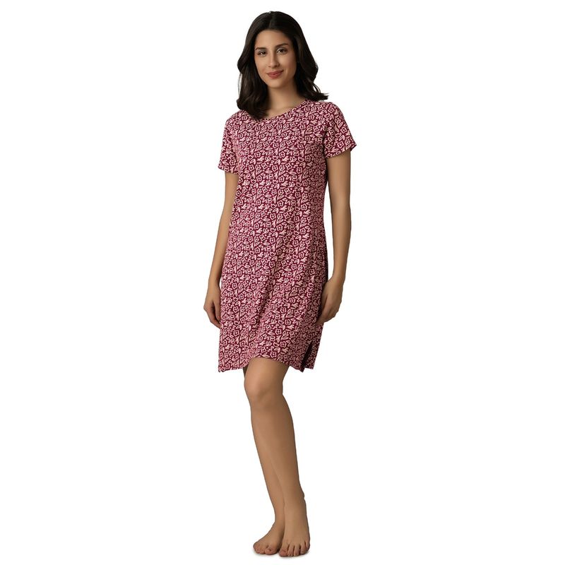 Amante Women Knit Cotton Floral Maroon Night Dress (S)