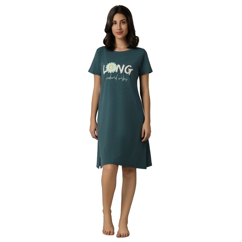 Amante Women Knit Cotton Printed Teal Night Dress (S)