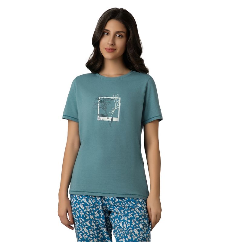 Amante Women Knit Cotton Printed Blue T-Shirt (S)