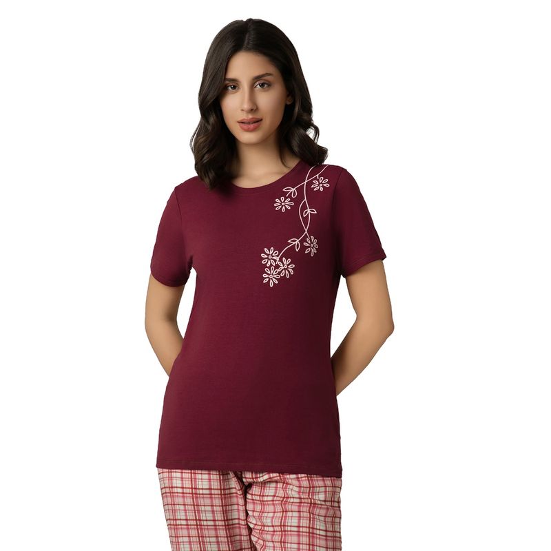 Amante Women Knit Cotton Floral Purple T-Shirt (XL)