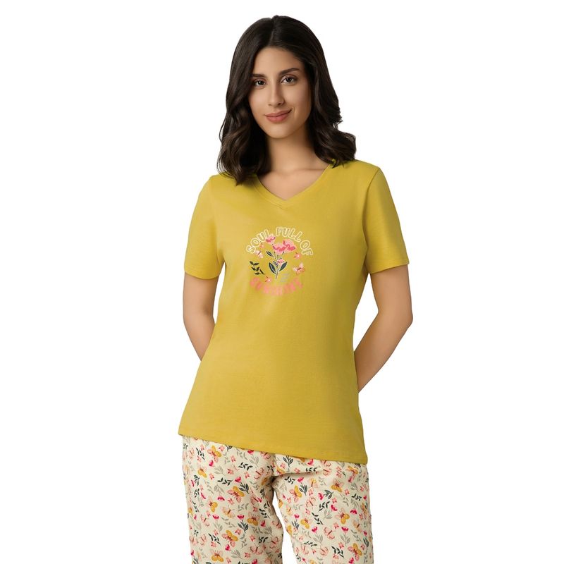 Amante Women Knit Cotton Printed Yellow T-Shirt (S)