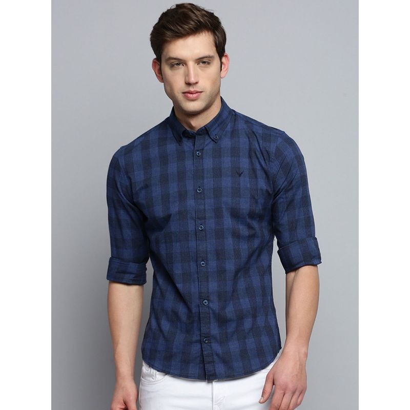 SHOWOFF Mens Spread Collar Checked Navy Blue Classic Shirt (XL)