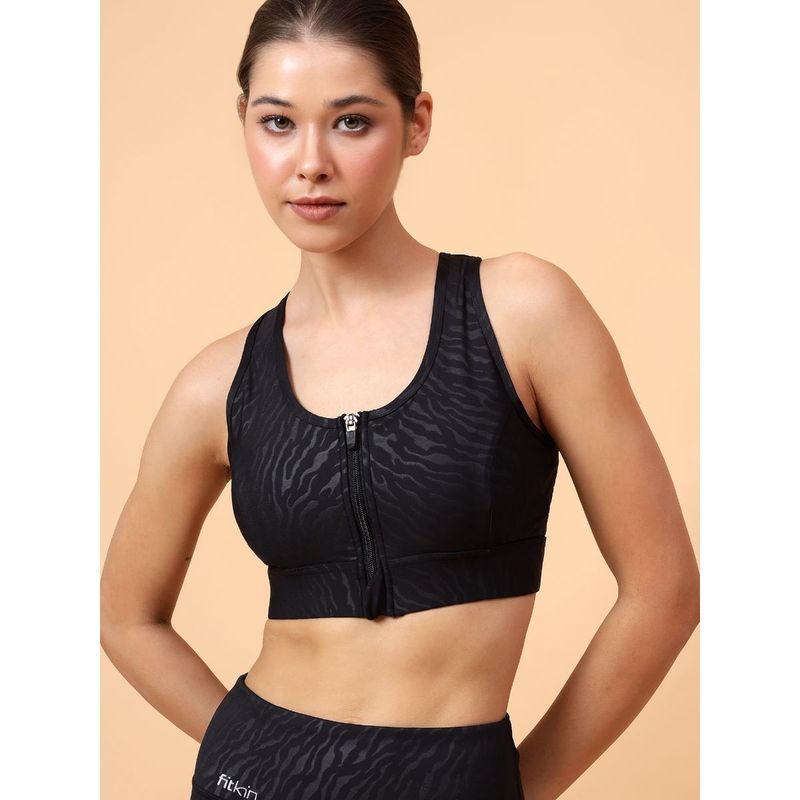 Fitkin Womens Zebra Print Front Zipper Sports Bra (S)