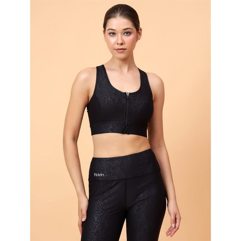 Fitkin Womens Snake Print Front Zipper Sports Bra (S)